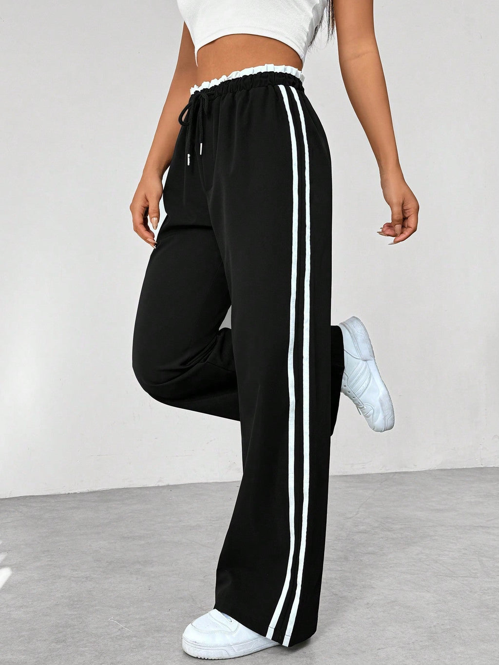 Pantaloni Jogger Donna a Gamba Ampia con Bande Laterali