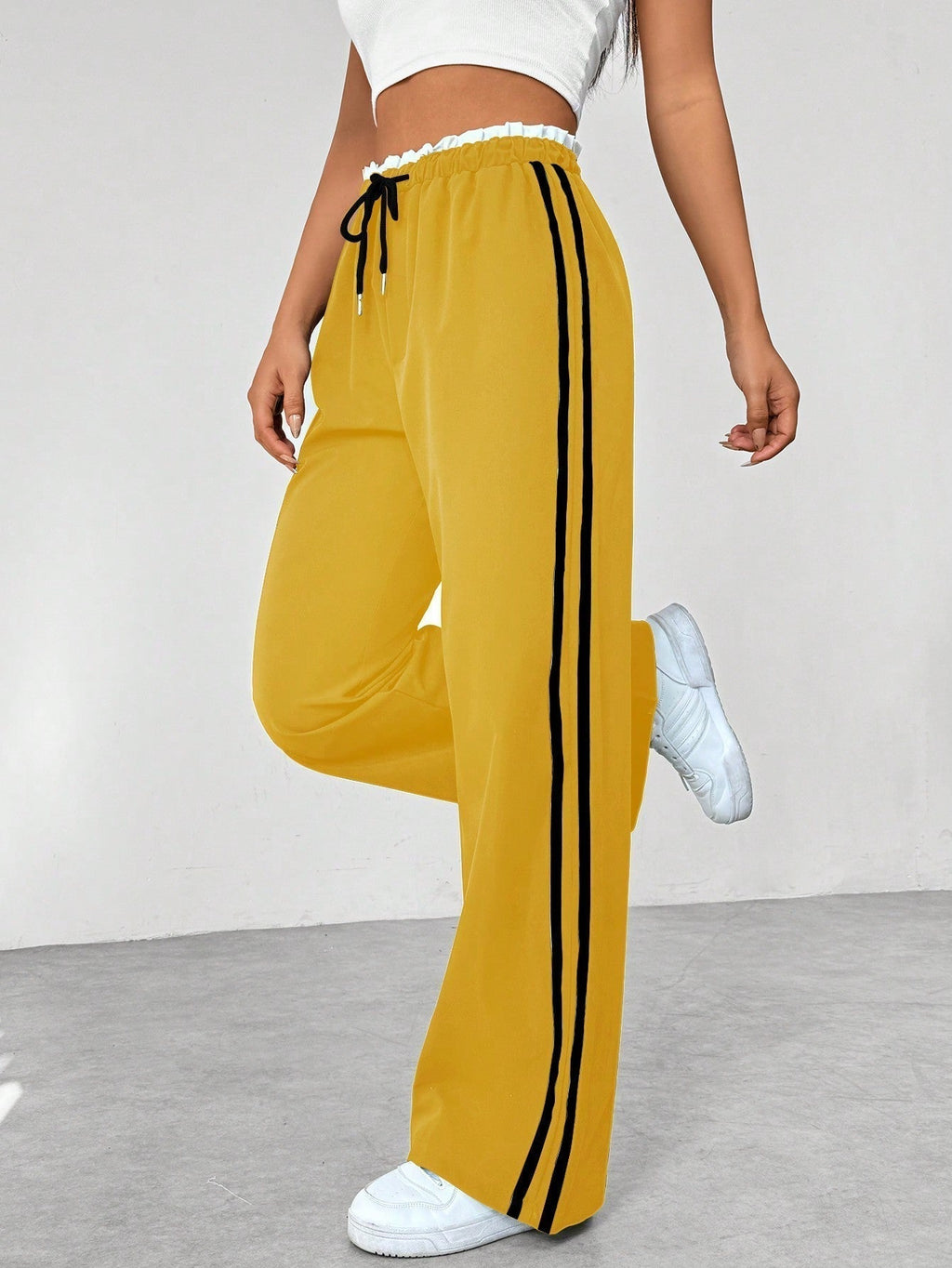 Pantaloni Jogger Donna a Gamba Ampia con Bande Laterali
