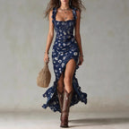 Robe maxi pour femme à motif floral avec drapé et volants