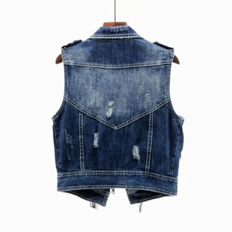 Gilet Biker Uomo in Denim con Zip Asimmetrica e Cintura