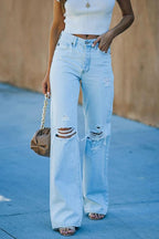Jeans Donna Wide Leg a Vita Alta con Effetto Destroyed – Denim Casual Streetwear