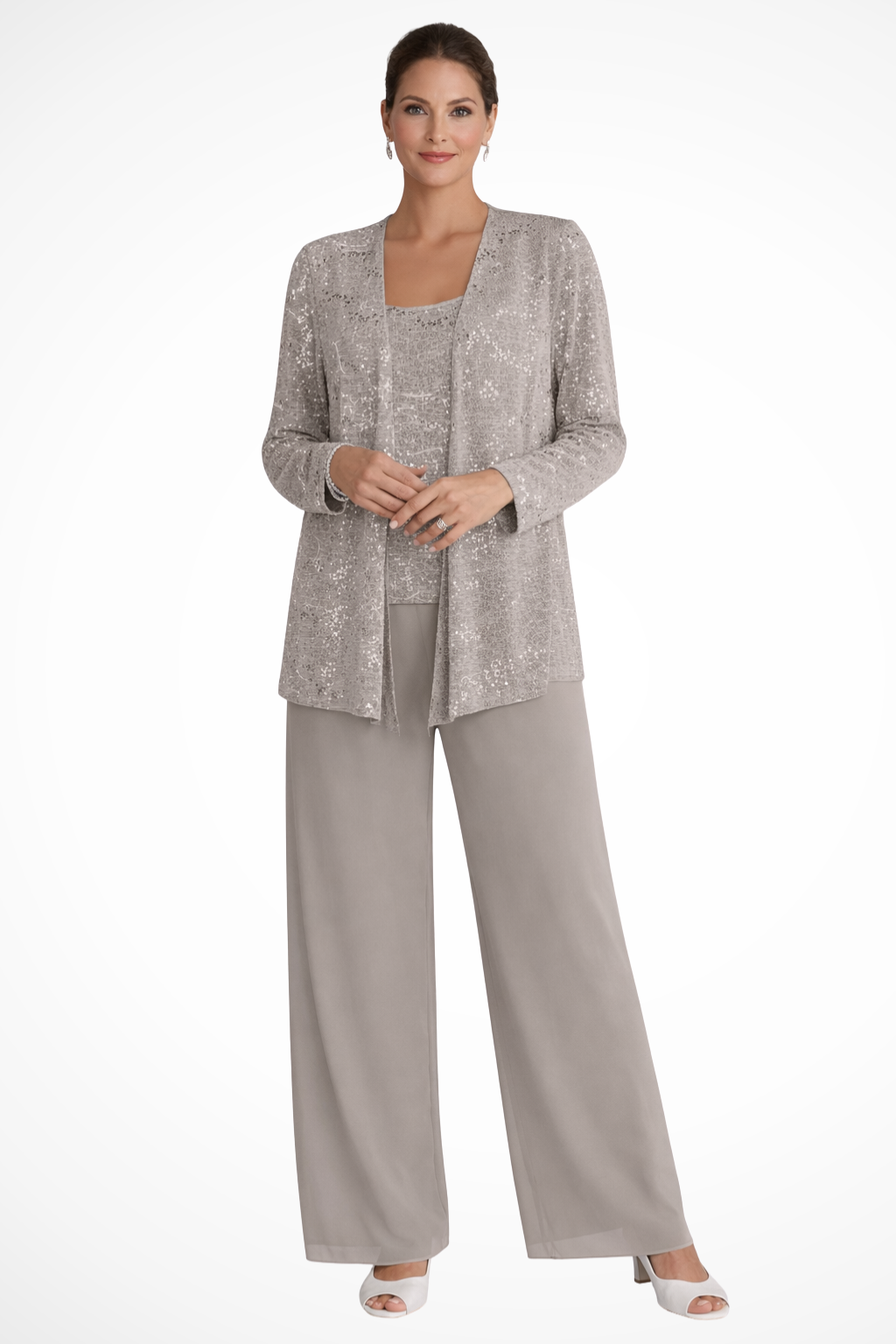 Ensemble trois pièces pour femme avec sequins et pantalon à jambes larges