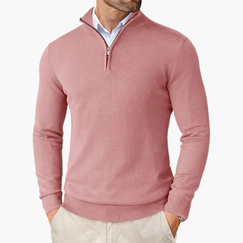Pullover Uomo in Maglia con Quarto di Zip e Bordi a Coste