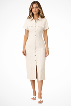 Abito Camicia Scollo a Bottone con Silhouette Elegante