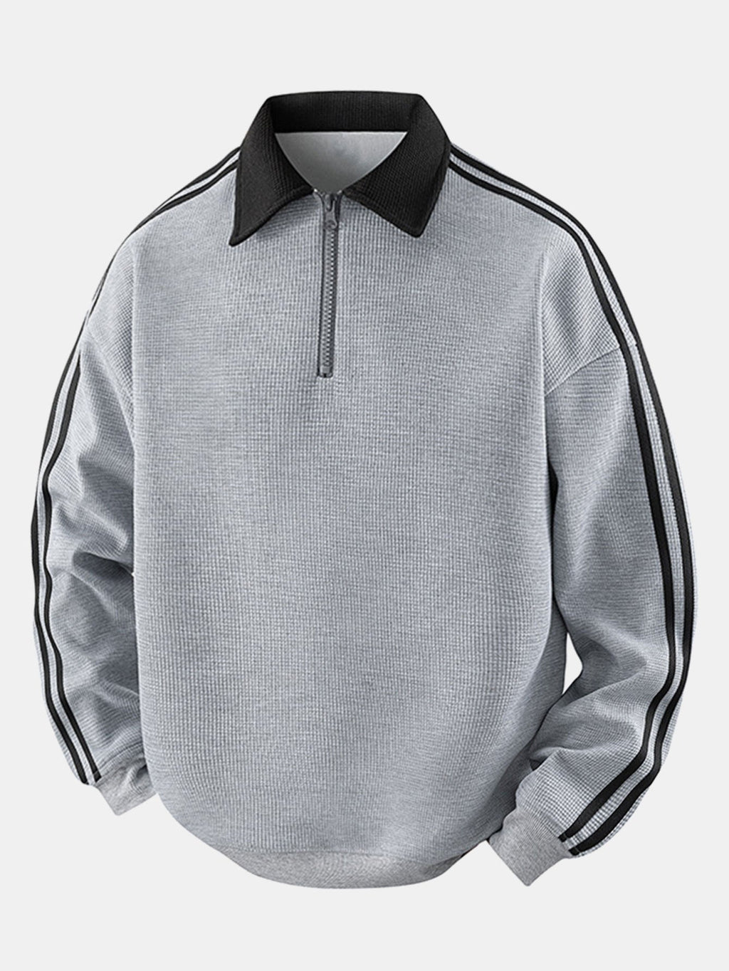 Polo de felpa para hombre con cremallera y textura de nido de abeja – corte cómodo y mangas a rayas
