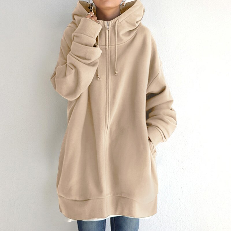 Sudadera oversize para mujer con capucha y cremallera – modelo largo y comodidad informal
