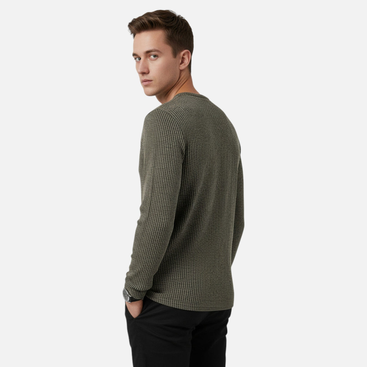 Pull homme en maille torsadée à boutons - col rond Henley élégant et décontracté