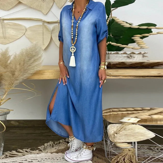 Denim Maxi Kjole Slids Silhuet Sommerstil