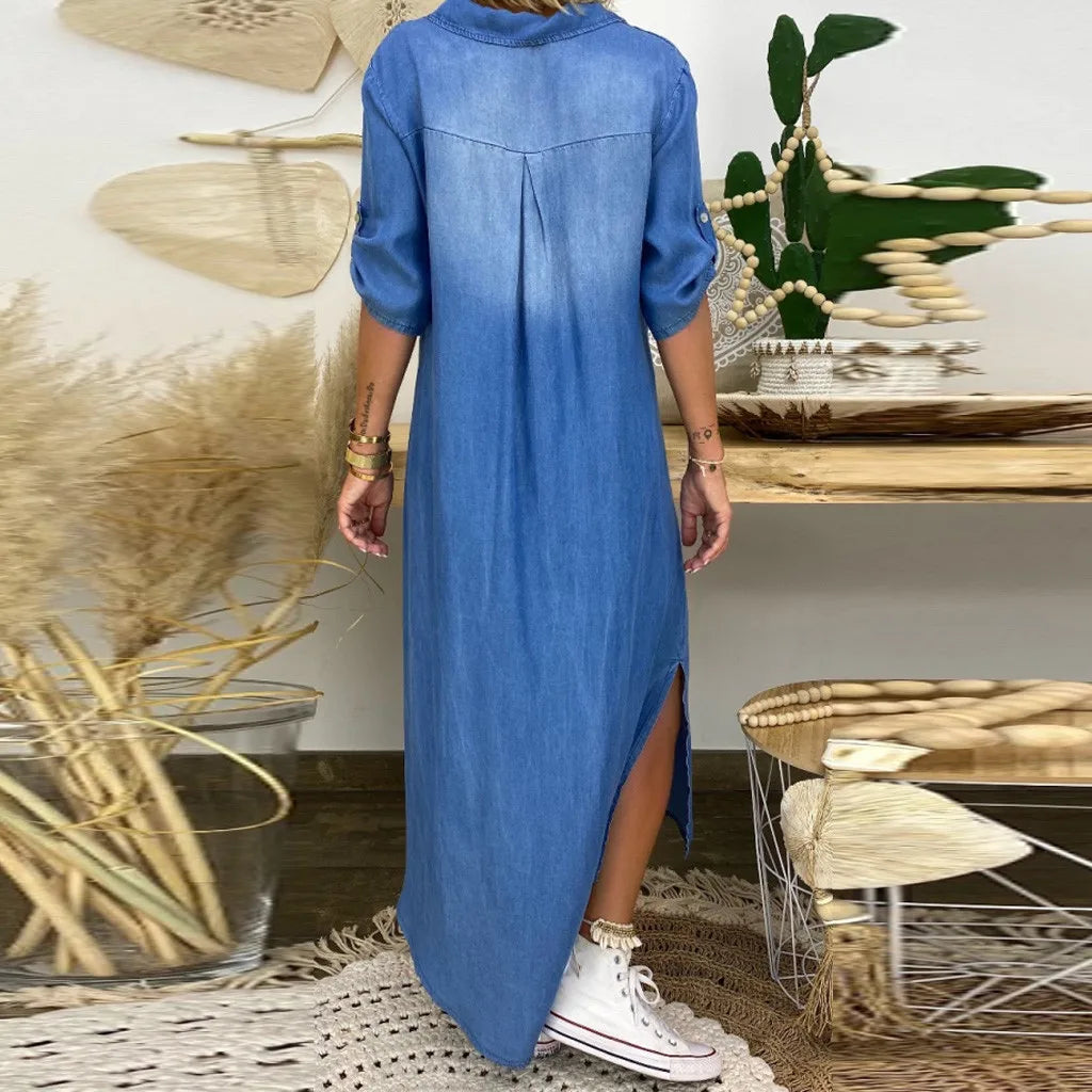 Abito Maxi in Denim con Spacco Silhouette Stile Estivo