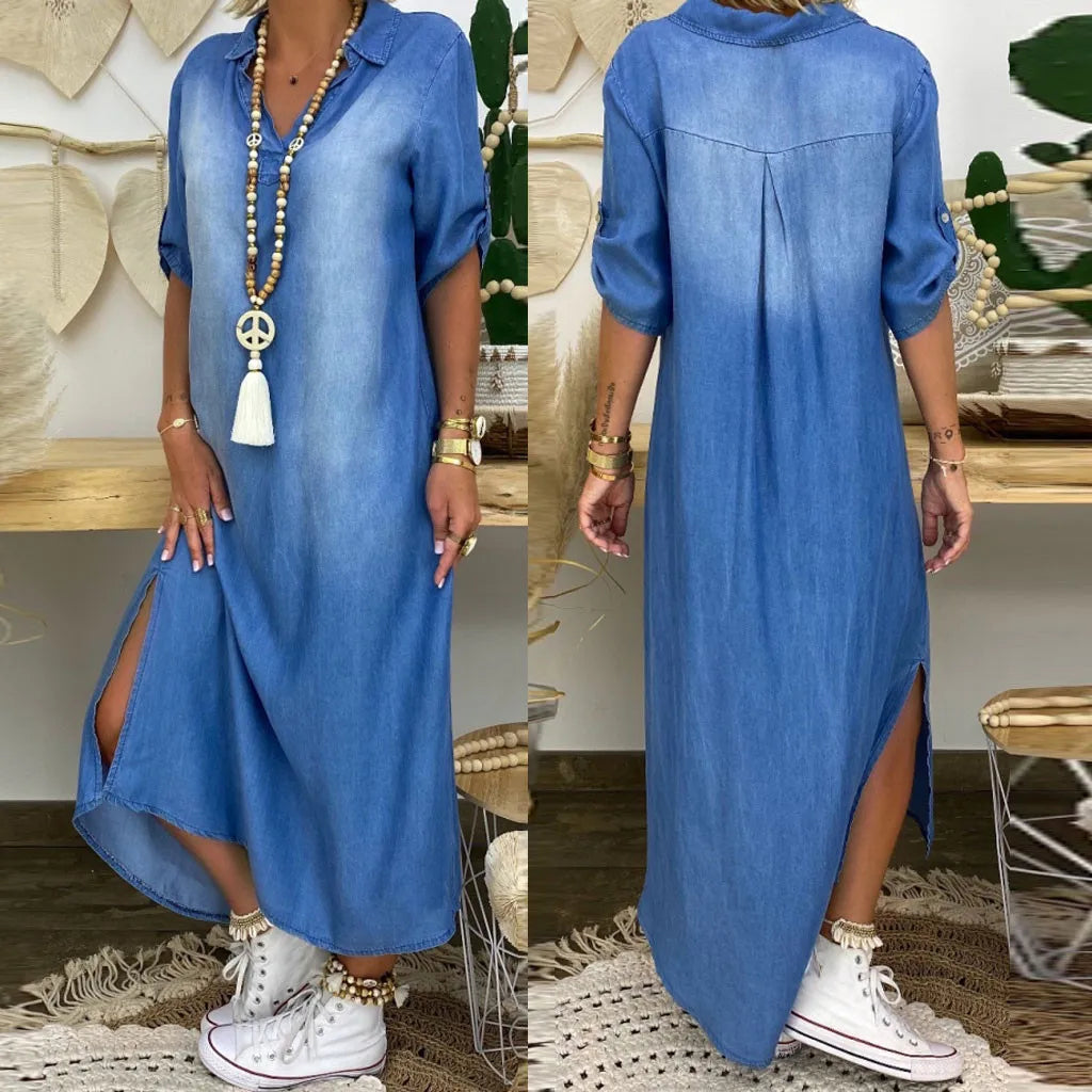 Denim Maxi Kjole Slids Silhuet Sommerstil