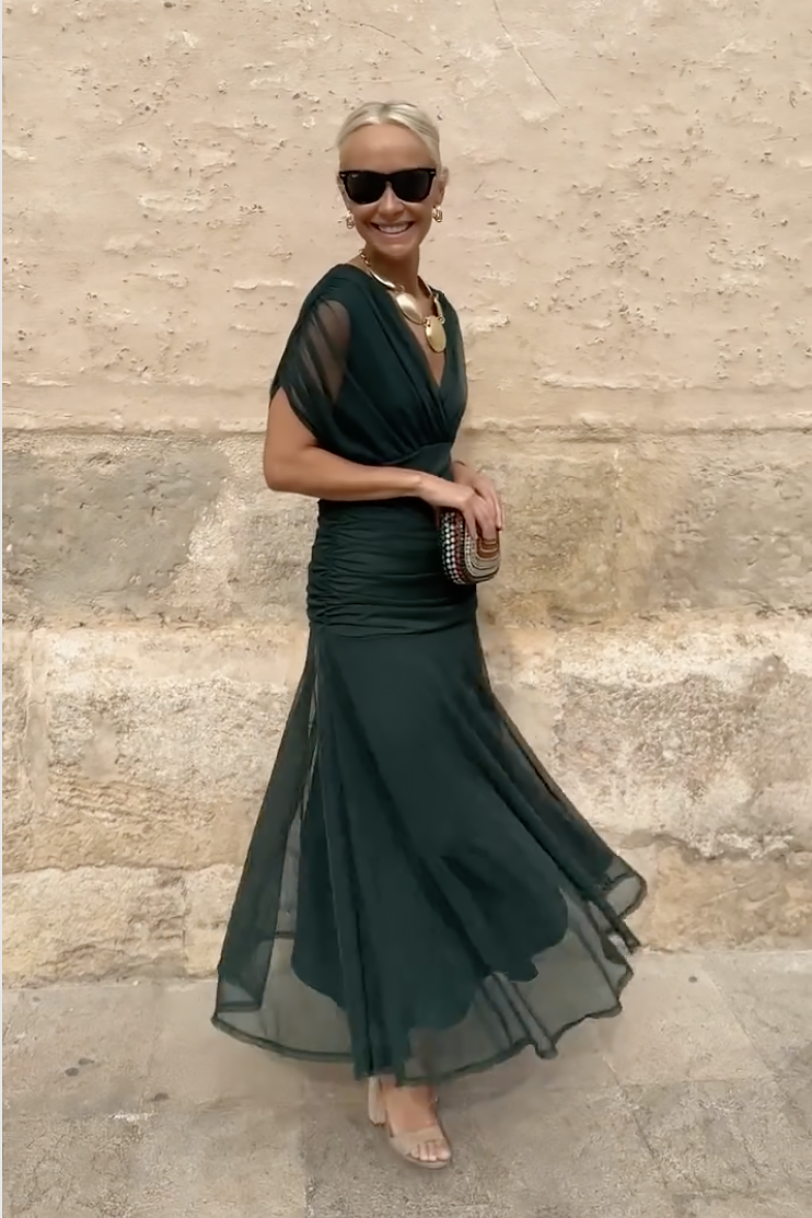 Abito Maxi Donna in Chiffon con Scollo a V Drappeggiato