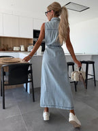 Abito in Denim Senza Maniche Silhouette Stile Moderno