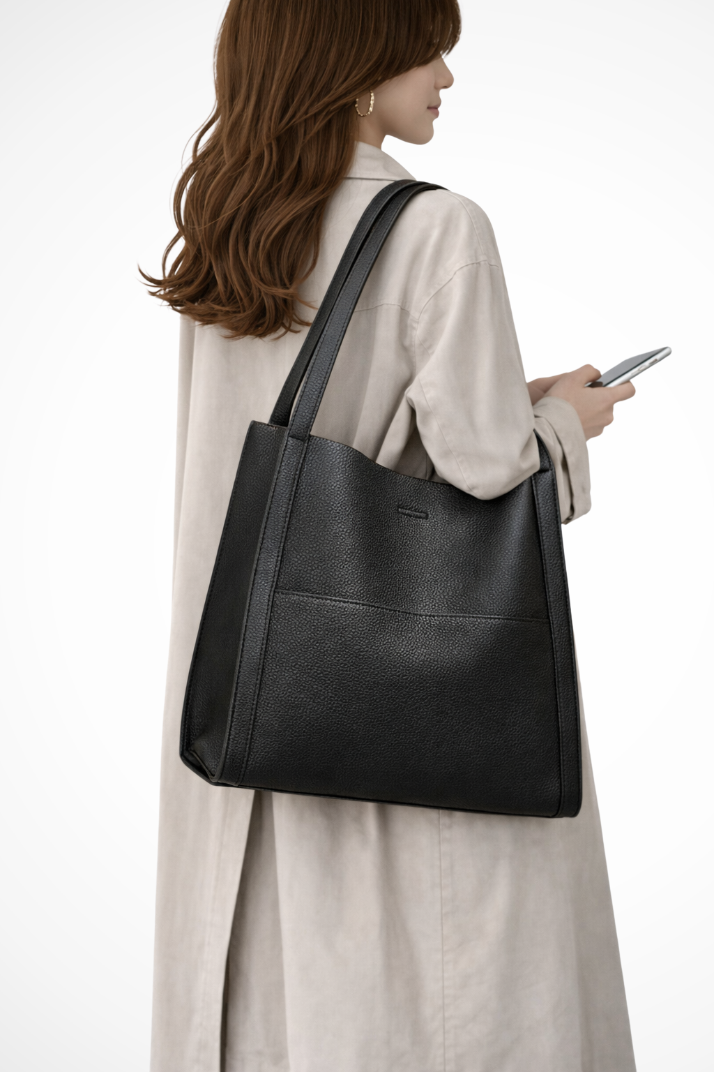 Struktureret Tote Taske med Frontlomme og Tekstureret Finish