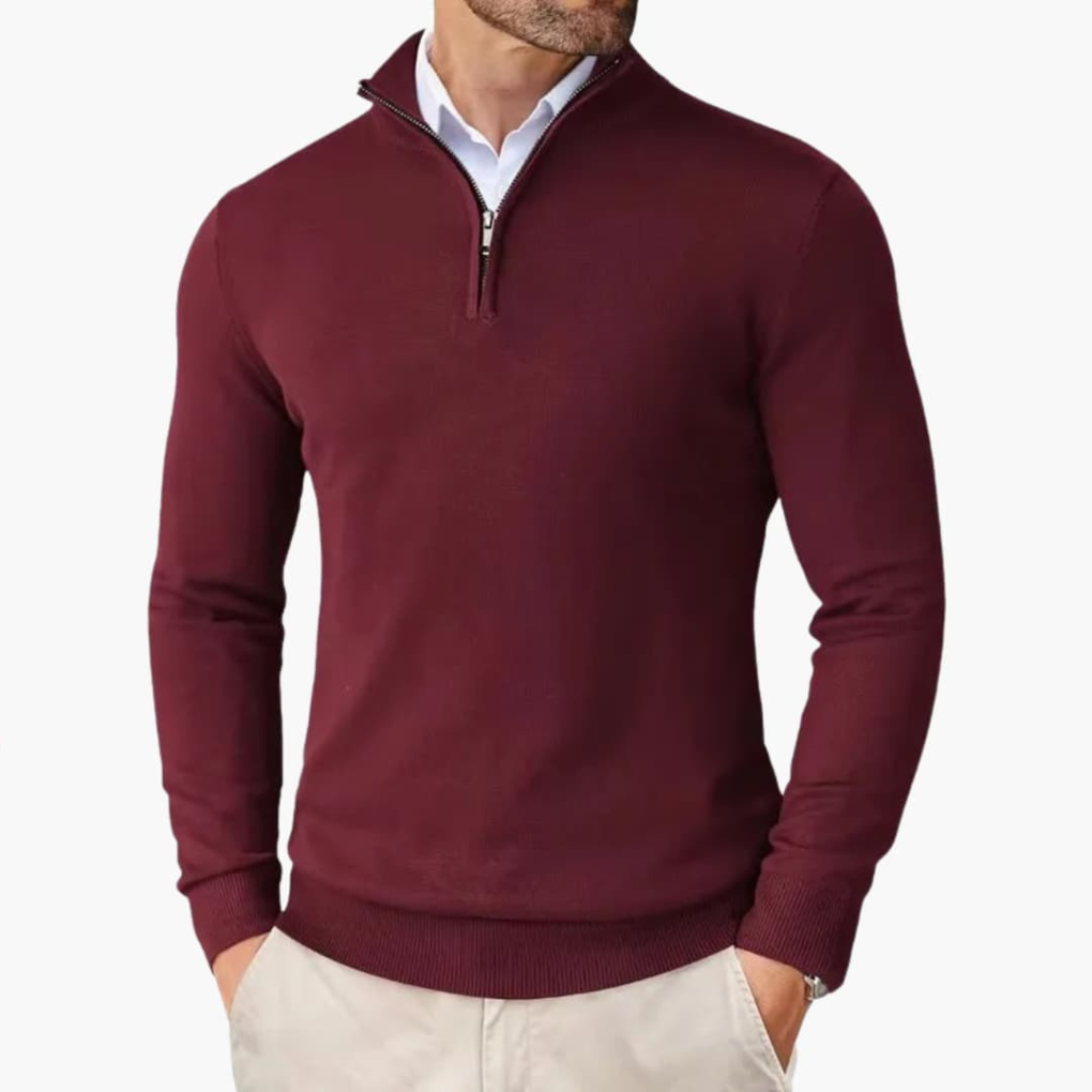 Pullover Uomo in Maglia con Quarto di Zip e Bordi a Coste