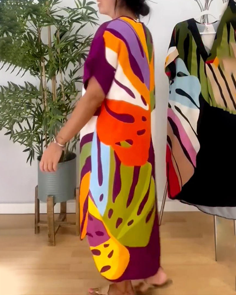 Vestito Midi Shift con Scollatura a V e Stampa Foglie