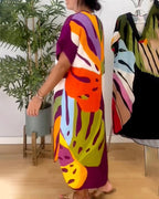 Vestito Midi Shift con Scollatura a V e Stampa Foglie