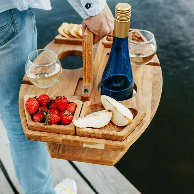 Fleksibelt Træ Picnicbord – Sammenklappeligt Udendørs Serveringsbord med Holdere til Glas og Flasker | Ideelt Picnicudstyr til Strand, Park og Have