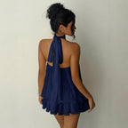 Robe courte pour femme en mousseline avec volants et col licou