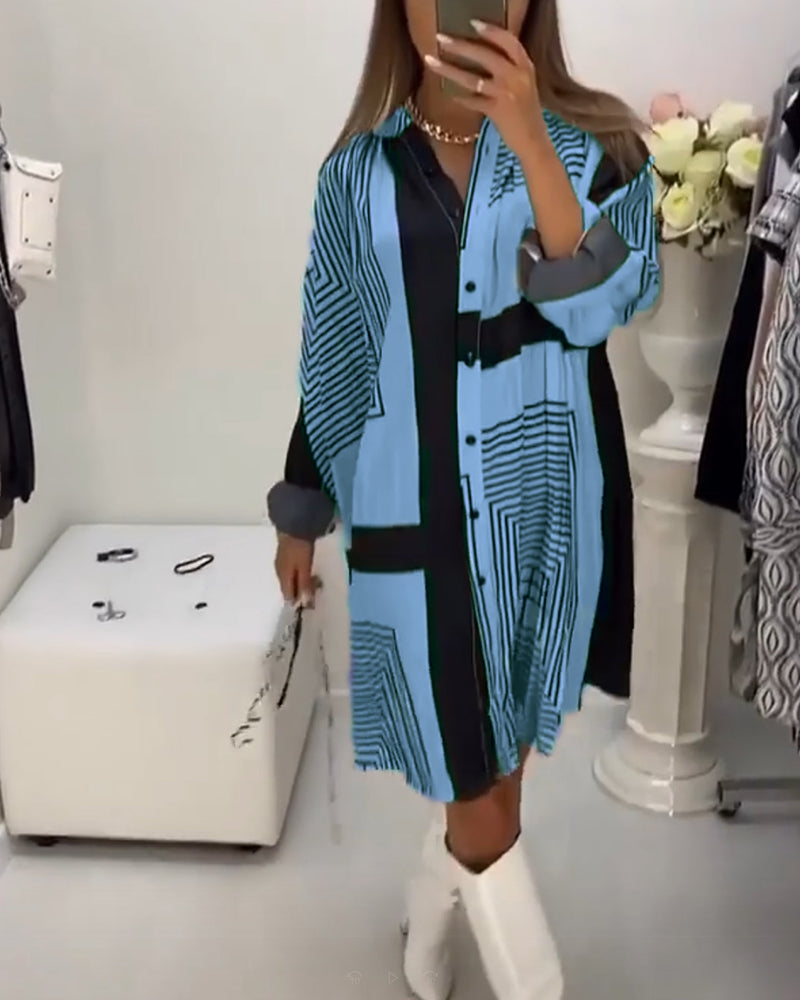 Abito Camicia Oversize con Collo, Stampa e Cintura