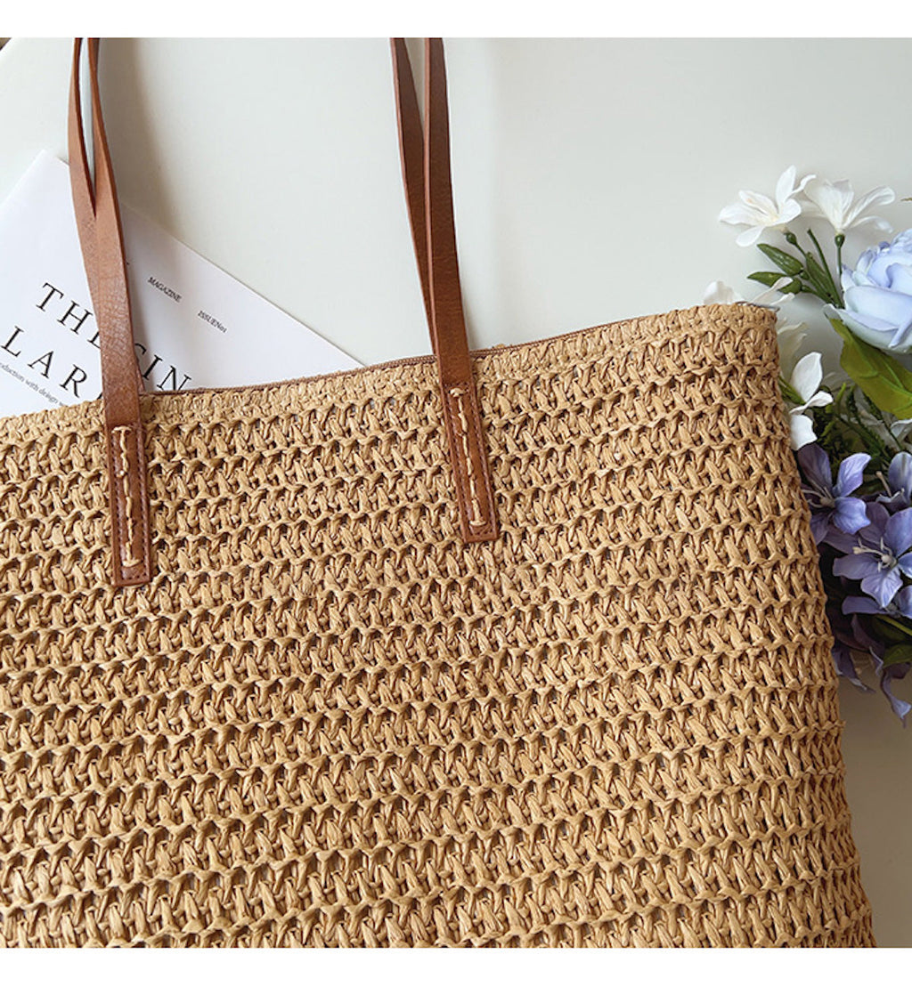 Elegant Riet Tote med Læderremme - SummerBreeze