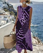 Midi Shift Kjole med Farveblok og Leopardprint