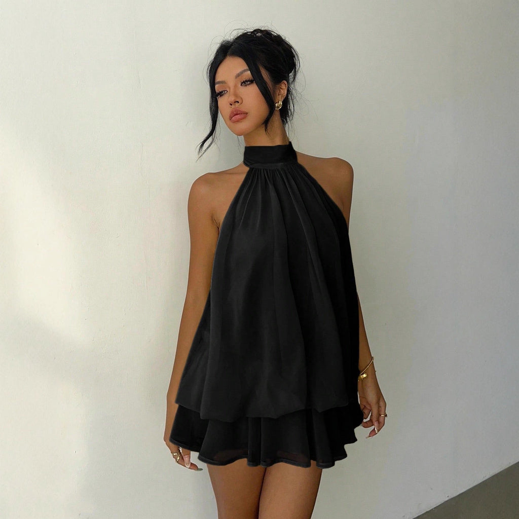 Robe courte pour femme en mousseline avec volants et col licou