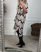 Abito Camicia Midi a Maniche Lunghe con Rever e Chiusura a Bottoni