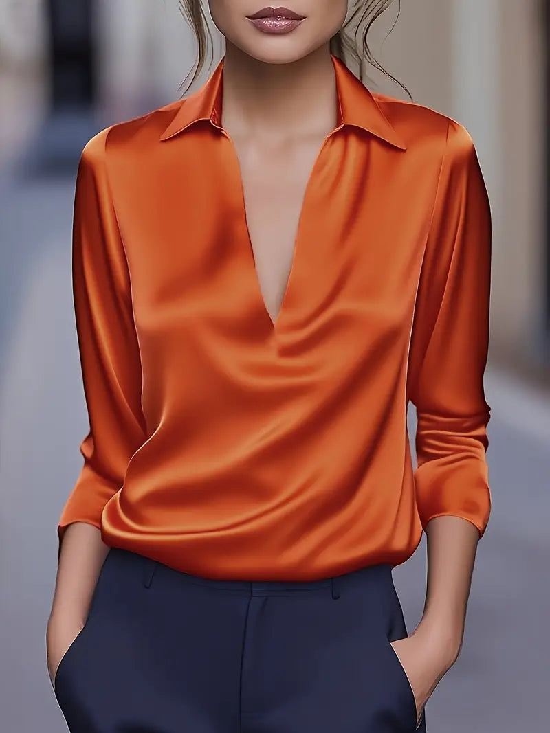 Blouse élégante pour femme en satin avec col en V et col drapé - chemise satinée à manches longues