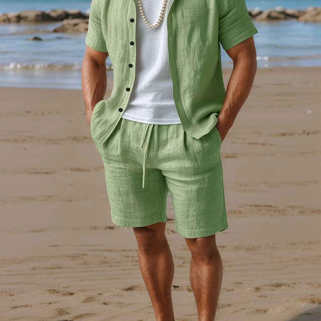 Conjunto de verano para hombre 100 % lino con camisa y pantalones cortos