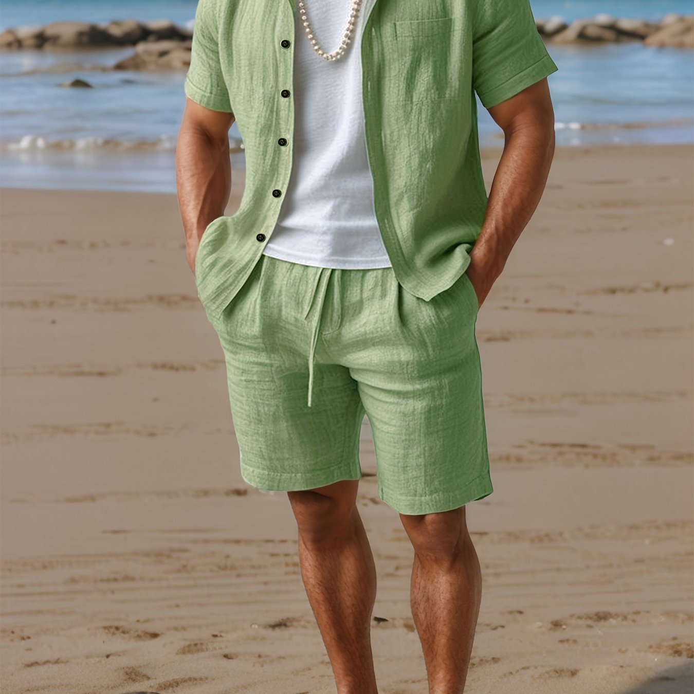 Conjunto de verano para hombre 100 % lino con camisa y pantalones cortos