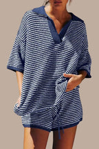 Conjunto completo de dos piezas para mujer de punto, con top de cuello en V y shorts