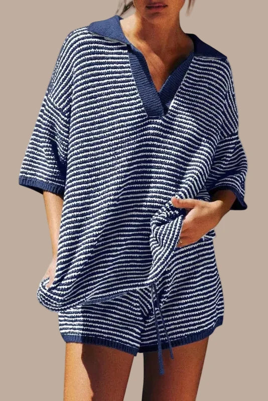 Conjunto completo de dos piezas para mujer de punto, con top de cuello en V y shorts