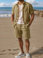 Conjunto de verano para hombre 100 % lino con camisa y pantalones cortos