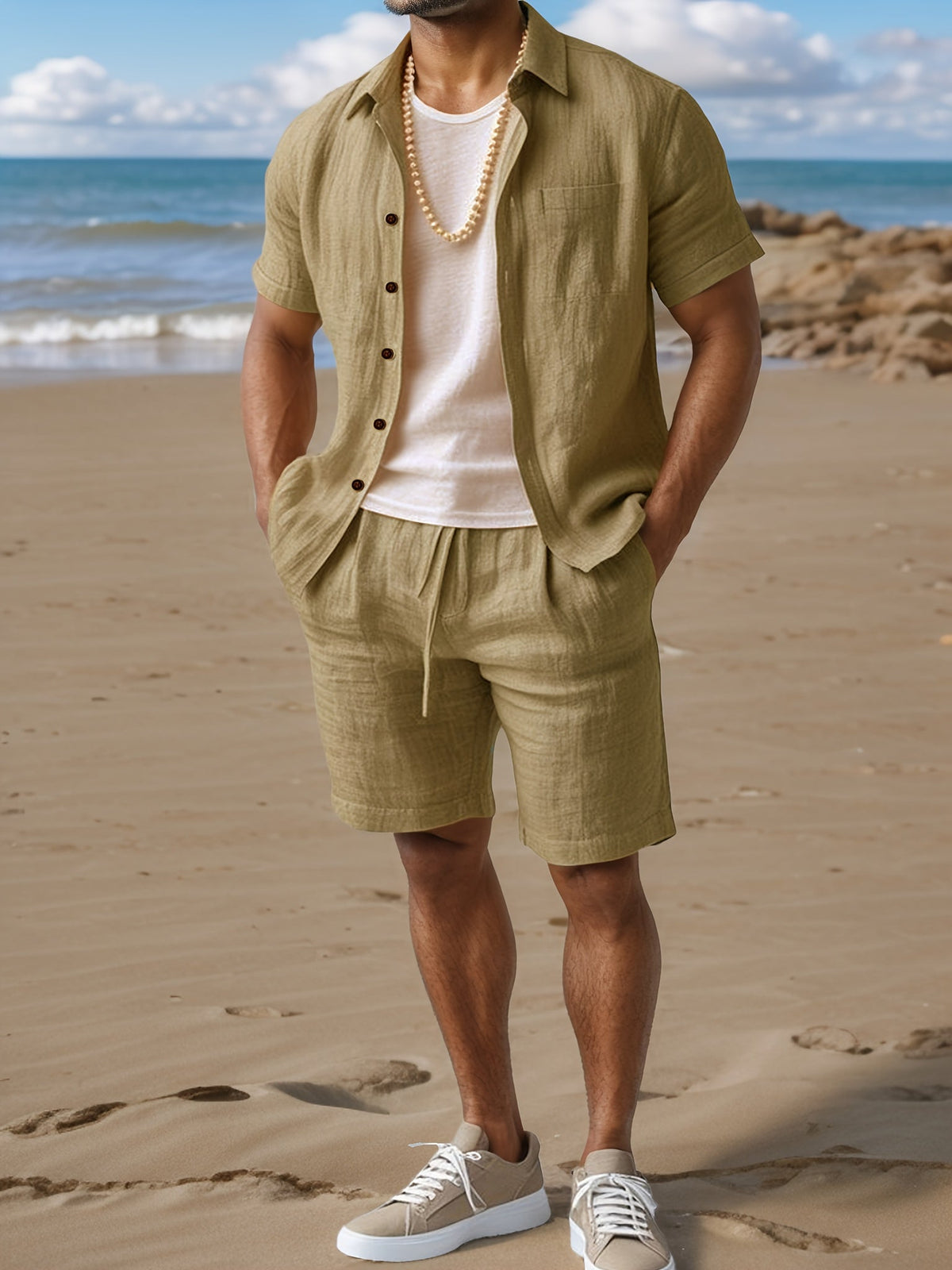 Conjunto de verano para hombre 100 % lino con camisa y pantalones cortos