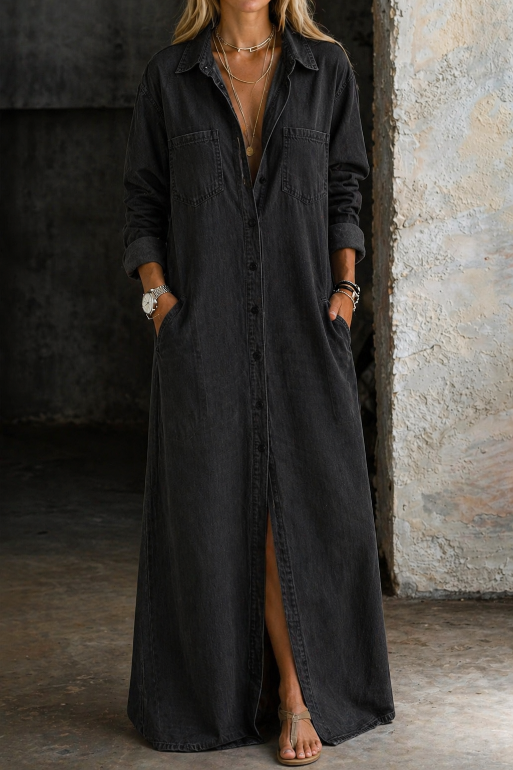 Abito Maxi in Denim con Bottoni ANFINITE Adriana