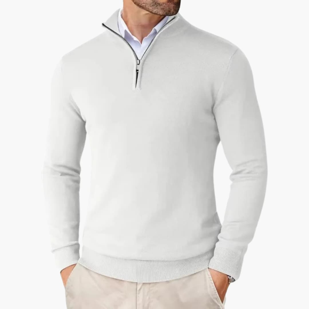 Pullover Uomo in Maglia con Quarto di Zip e Bordi a Coste