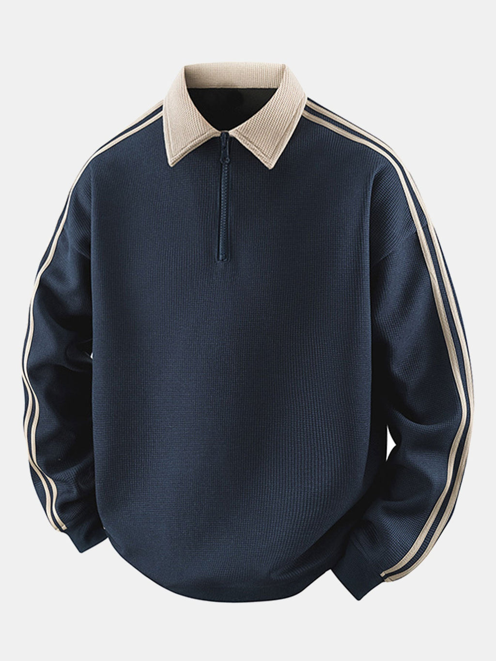 Polo de felpa para hombre con cremallera y textura de nido de abeja – corte cómodo y mangas a rayas