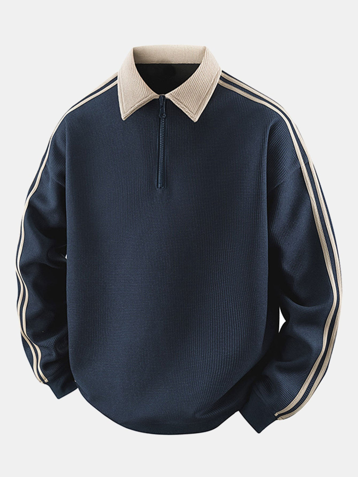 Polo de felpa para hombre con cremallera y textura de nido de abeja – corte cómodo y mangas a rayas
