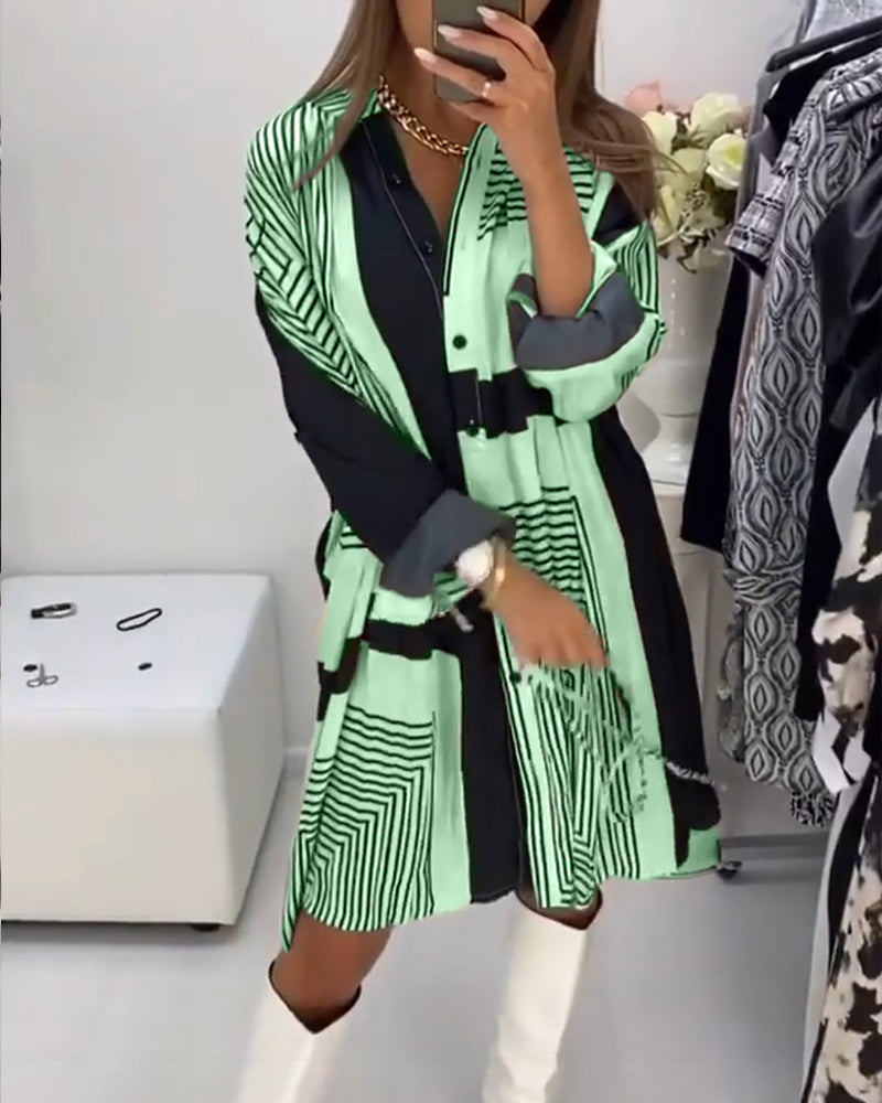 Abito Camicia Oversize con Collo, Stampa e Cintura