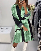 Abito Camicia Oversize con Collo, Stampa e Cintura