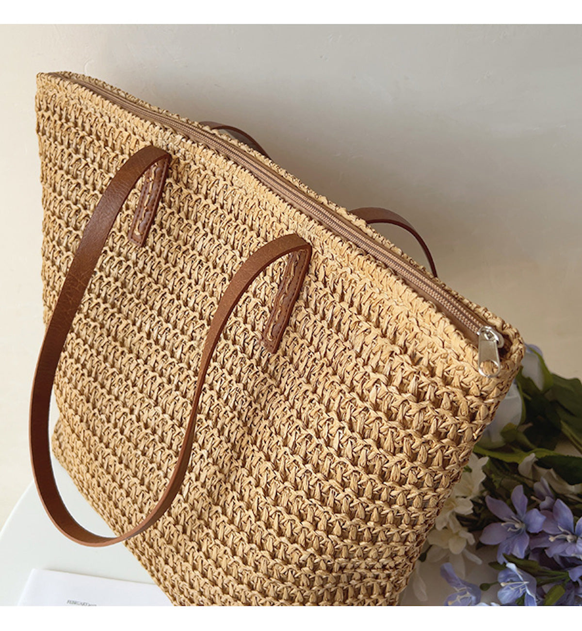 Elegant Riet Tote med Læderremme - SummerBreeze