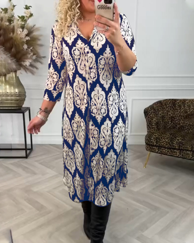 Abito Camicia Midi a Maniche Lunghe con Rever e Chiusura a Bottoni