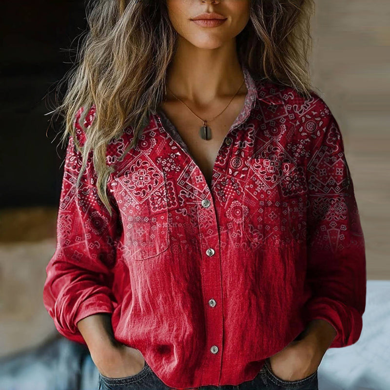 Camicia Donna Stampata con Bottoni e Maniche Lunghe – Eleganza Casual e Vestibilità Comoda