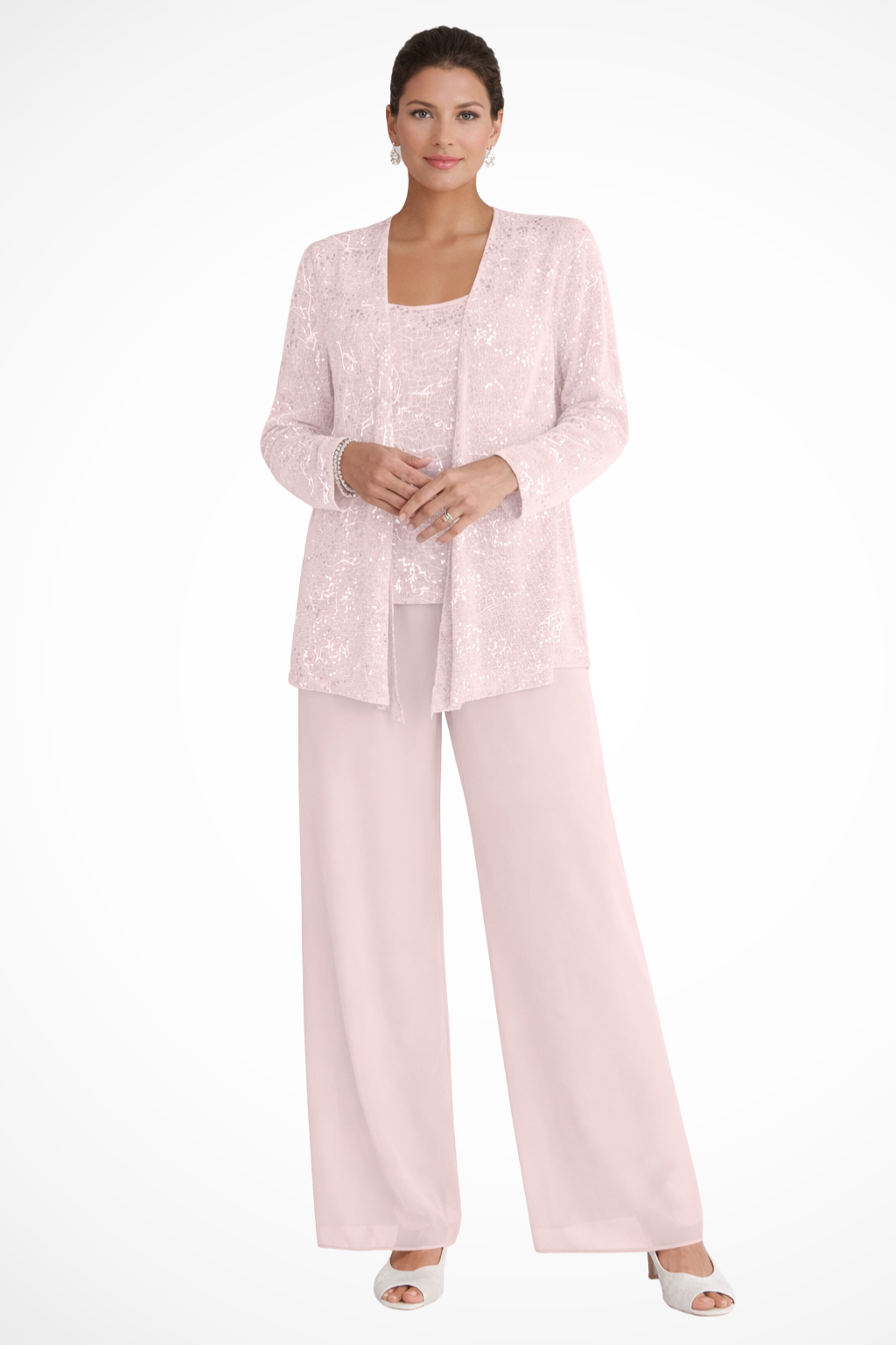 Ensemble trois pièces pour femme avec sequins et pantalon à jambes larges