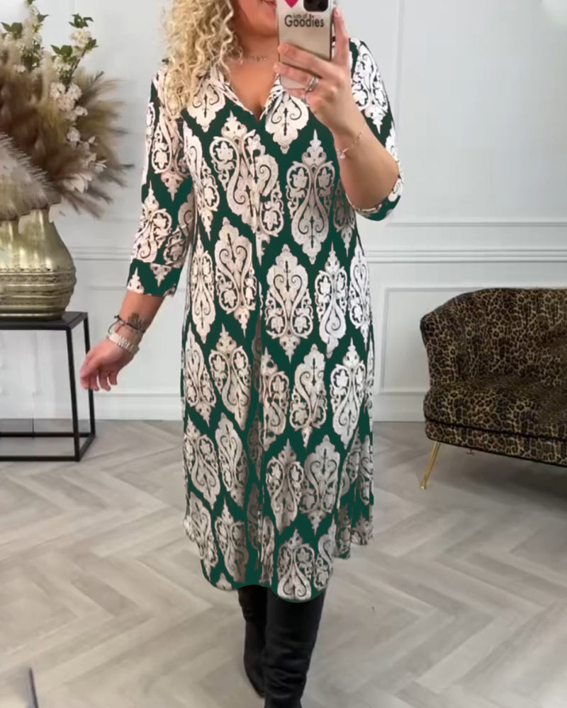 Abito Camicia Midi a Maniche Lunghe con Rever e Chiusura a Bottoni
