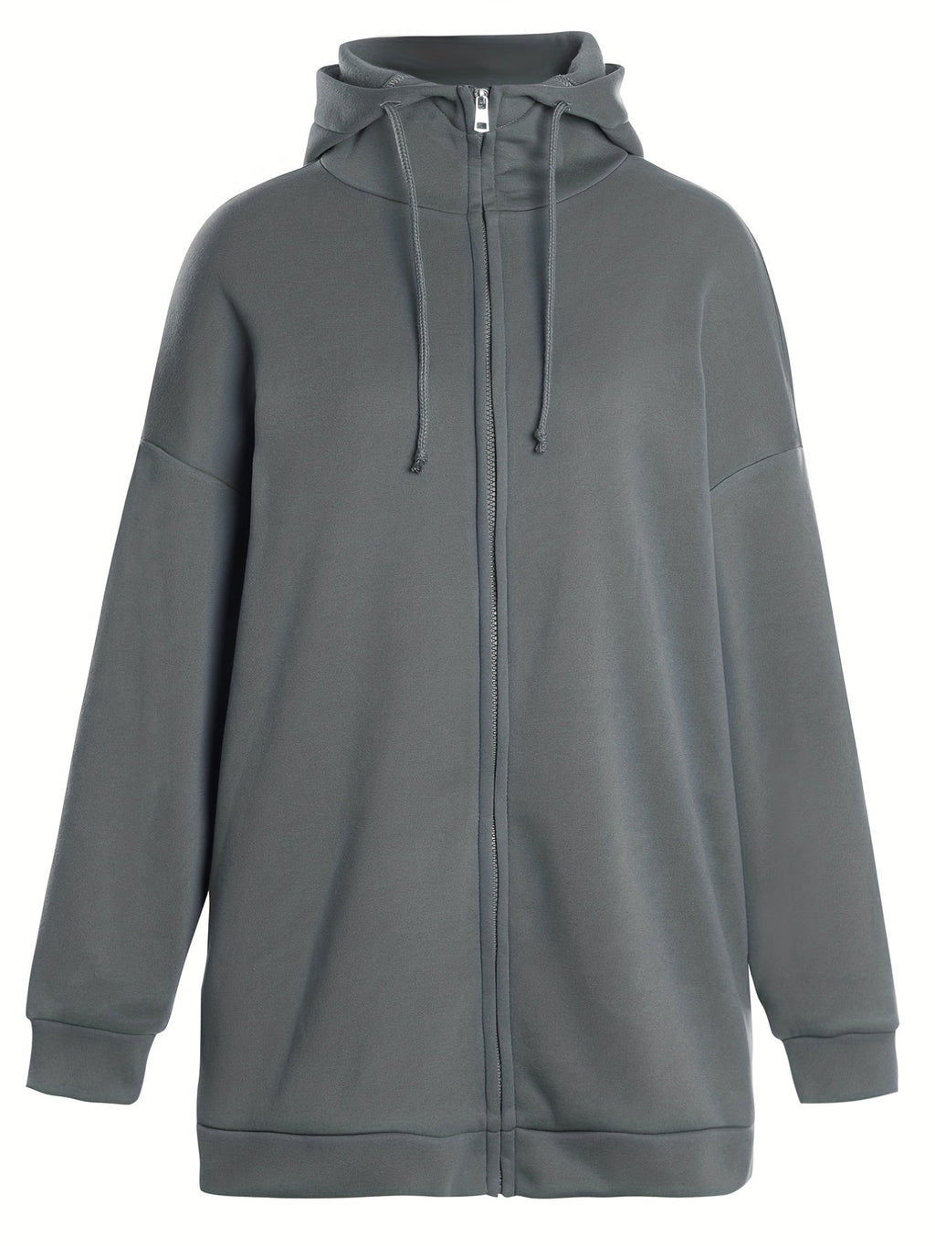 Sudadera larga de mujer con capucha y cremallera – corte oversize y bolsillos laterales