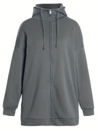 Sudadera larga de mujer con capucha y cremallera – corte oversize y bolsillos laterales