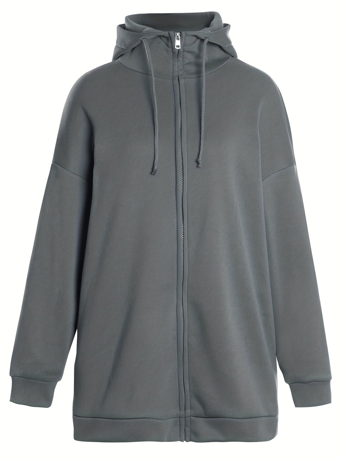 Sudadera larga de mujer con capucha y cremallera – corte oversize y bolsillos laterales