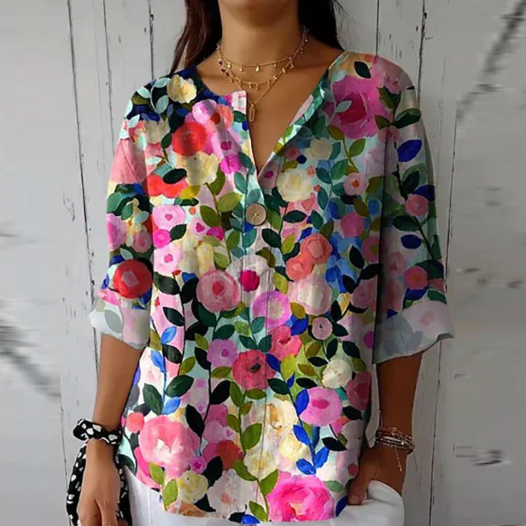 Blusa Donna Estiva Stampata con Scollo a V – Leggera e Casual con Maniche a 3/4
