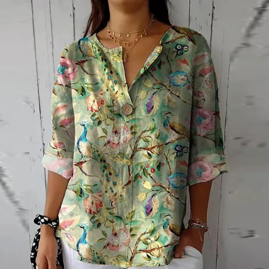 Blusa Donna Estiva Stampata con Scollo a V – Leggera e Casual con Maniche a 3/4